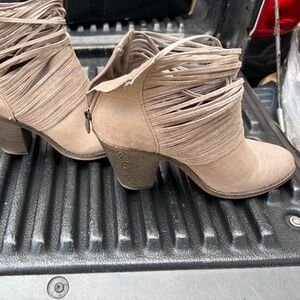 Tan Heeled Boots with Fringe Detail